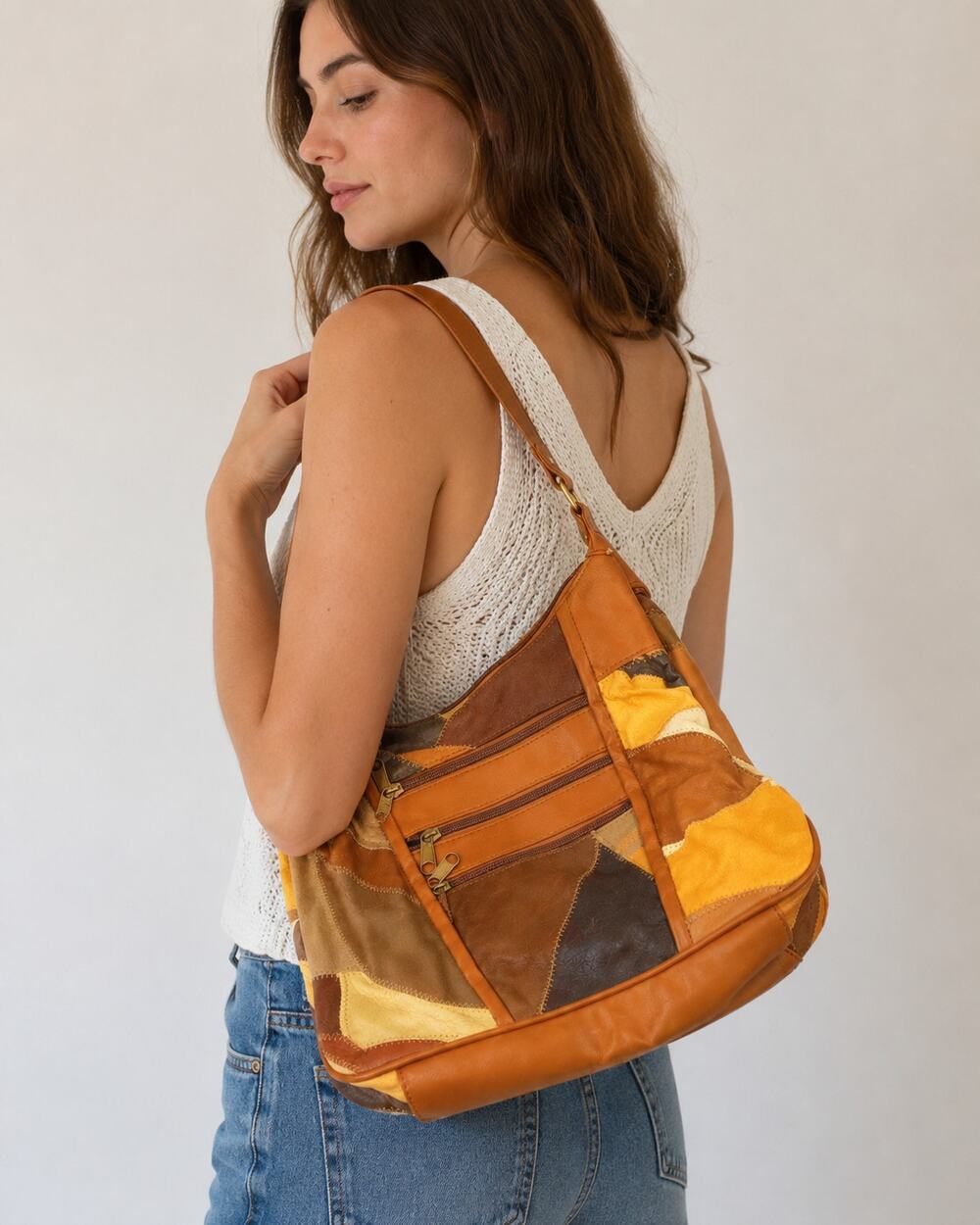 Vintage Brown Patchwork Leather Multi-Zip Shoulder Bag Adjustable Strap